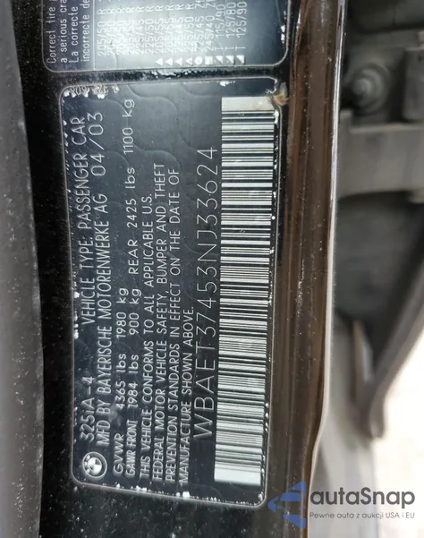 2003 BMW 325 I z USA, uszkodzony, nr VIN WBAET37453NJ33624